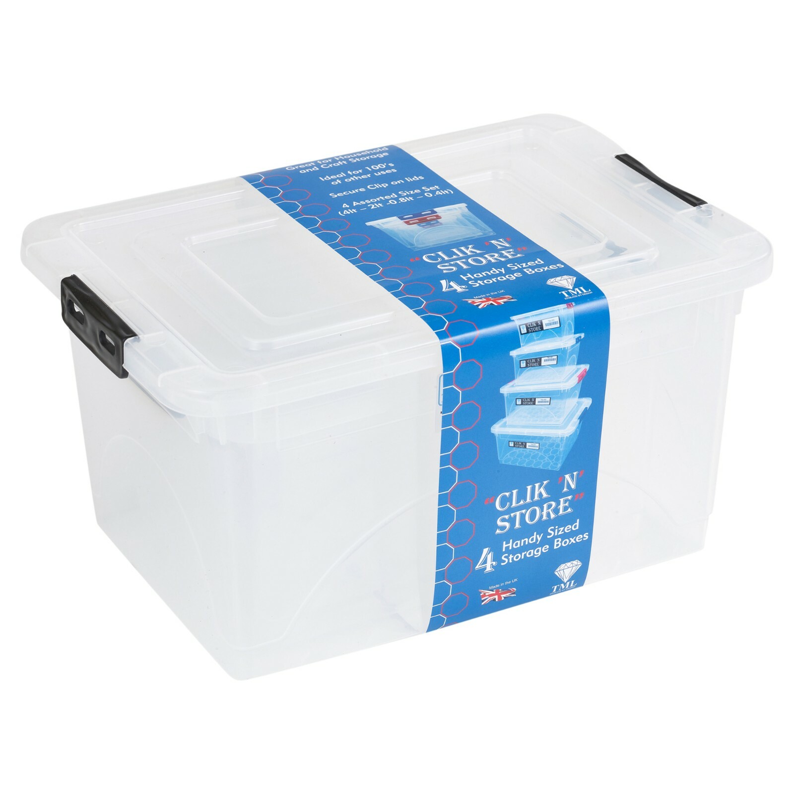 Set Of 4 Plastic Storage Boxes Clip Lid Quality Stackable Container