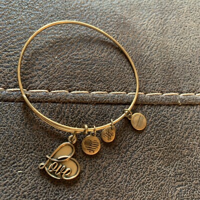 Alex And Ani 2015 Brass Tone Round LOVE Charm Expandable Wire Fashion Bracelet