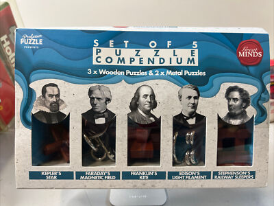 New Sealed Great Minds Set of 5 Puzzle Compendium Wood and Metal Brainteasers