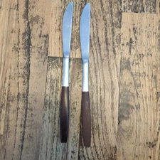 Vintage EKCO Eterna teakwood Dinner Knives Stainless Flatware Japan Set of 2