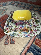 Lenwile-Ardalt Occupied Japan 6168 Floral Chintz Square Cup & Saucer Plate MCM