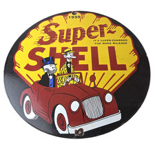 Vintage Super Shell Gasoline Porcelain Sign - Service Gas Mutt & Jeff Petroliana
