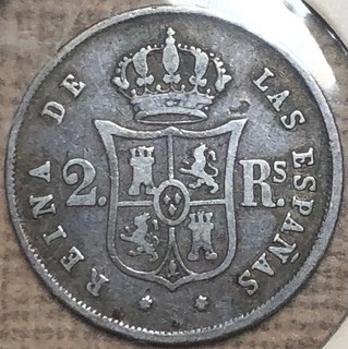 1852 España 2 Reales (7 Estrellas MM) KM #599.3 Moneda Rara Tesoro España Blaylock