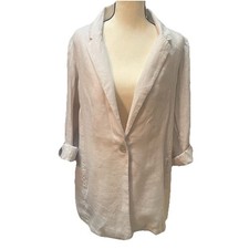 NWT H HALSTON 100 Linen Boyfriend Blazer Size L Neutral Roll-Up Sleeve Pockets