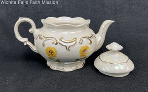 Vintage Sunflower Lusterware Teapot Pearlescent Ceramic Gold Trim Floral Design