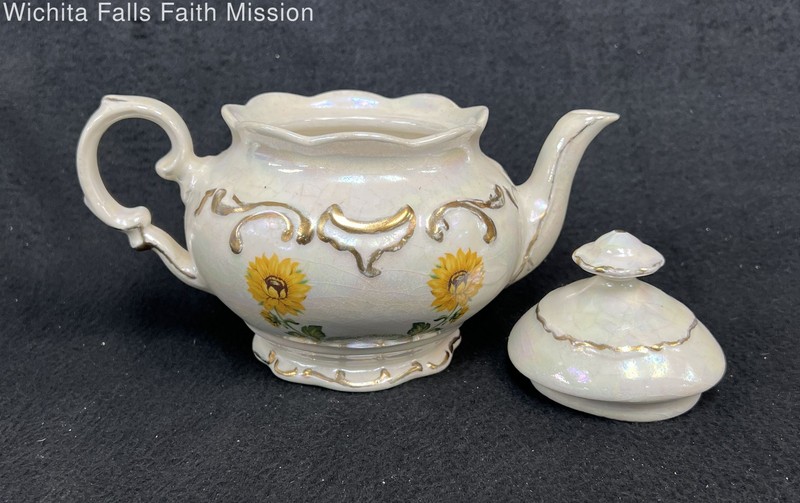 Vintage Sunflower Lusterware Teapot Pearlescent Ceramic Gold Trim Floral Design