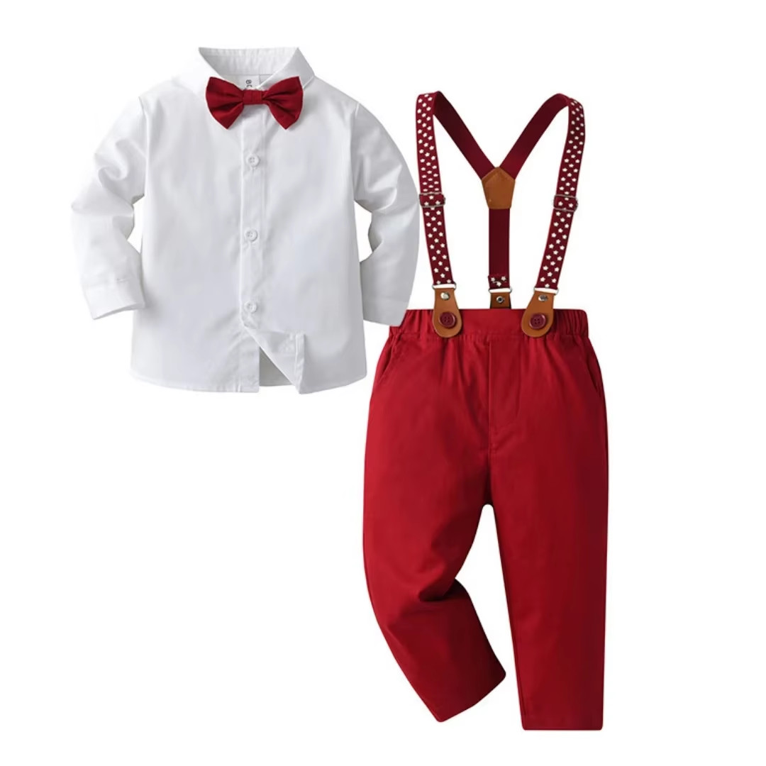 Costume de Noël garçon 1-7 ans avec chemise blanche et pantalon à bretelles élégant