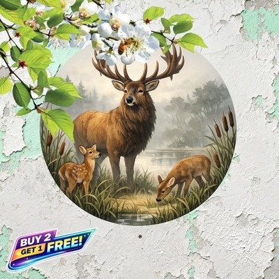 Misty Field Cattails Deer Family Wall Art 8x8 Round Aluminum Sign