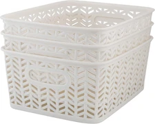 3Pack Small Herringbone Storage Baskets White 10X8X4 Kitchen Bathroom