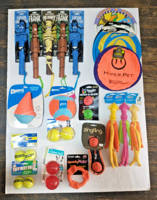 DOG Throw Toys - NEW - LOT of 21 - Assorted Balls + Sticks + Discs Etc. Chuck It