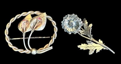 Art Deco Cala Lily W/ Pink Stone &  Flower Sterling Silver Pins 