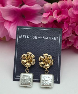 Melrose And Market Flower Drop Earrings Gold Tone Faux Pearl 1.25 In Nickel Free
