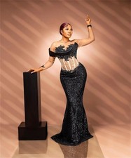 Black Long Sleeve Evening Dress Beaded Party Dress Mermaid Elegant African Dress