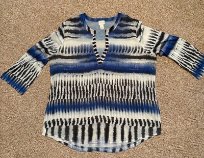 Chicos Women Blue Black Semi Sheer Top Sz 2 3/4 Sleeve V Neck Pull Over Top