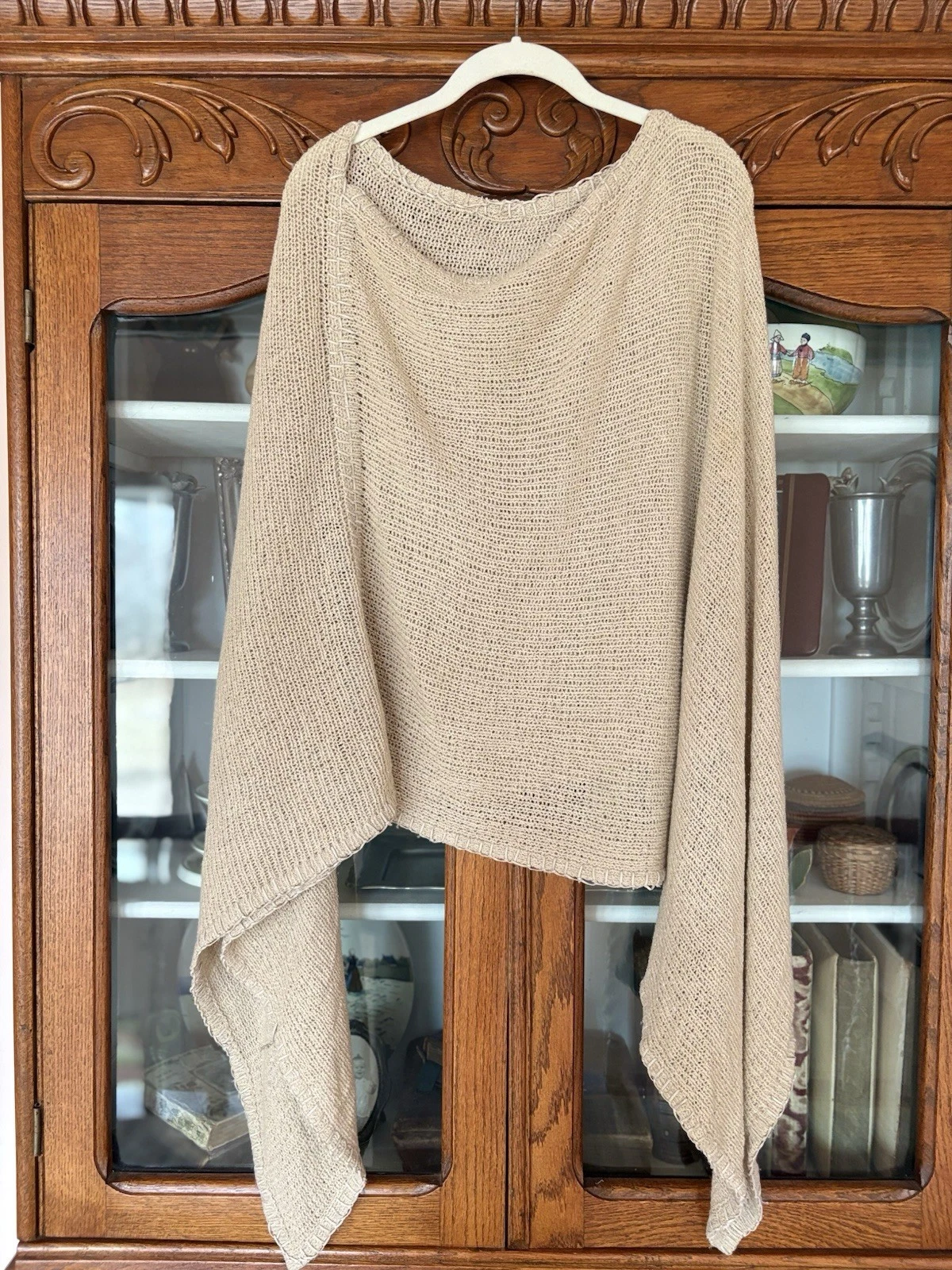Vtg Katayone Adeli Sz S Womens Fairly Sheer Knit Poncho Beige Suede Stitch Rare