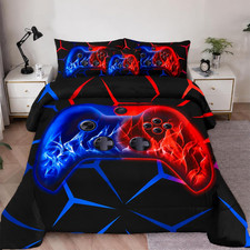 6-Piece Gamer Comforter Set Twin Size Red and Blue Gaming Bedding Sets for Boys