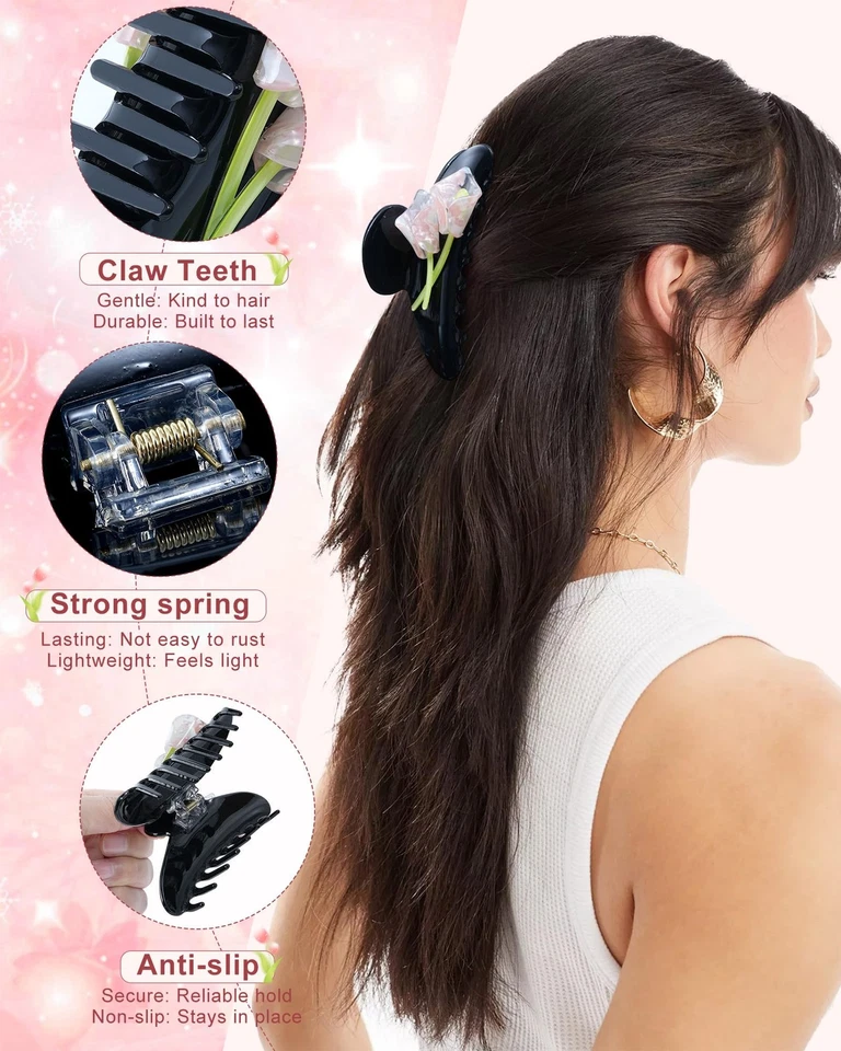 Упаковка из 2 акриловых когтей для волос с цветком тюльпана, нелипкие 4,1 дюйма большие заколки для волос... - Изображение 3 из 4