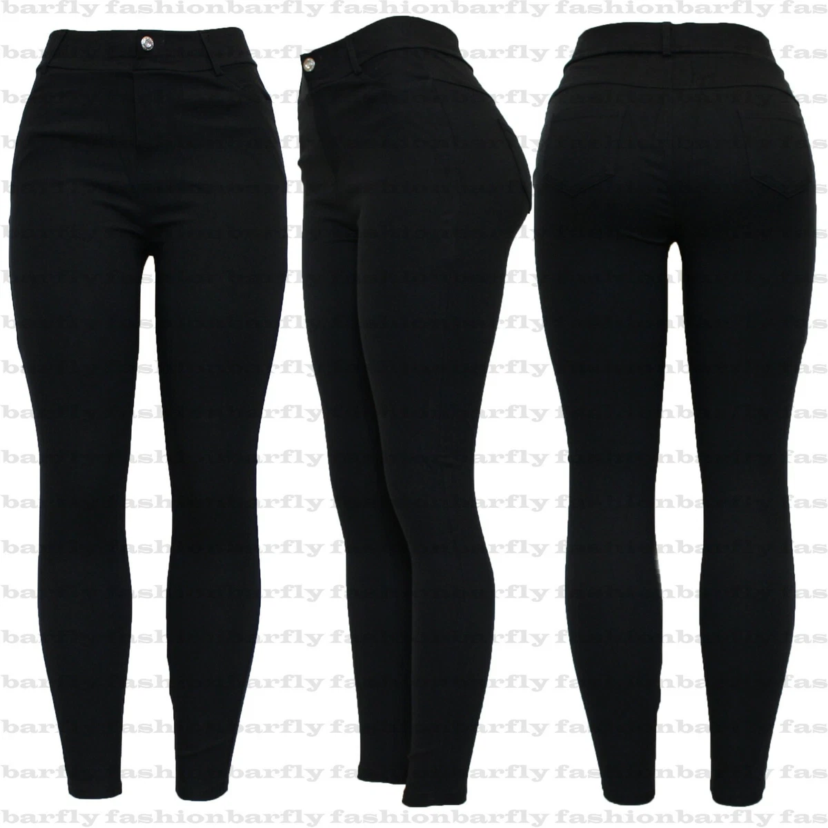 New Ladies Women Diamante Black Stretchy Pull On Jeggings Legging Size 8-20