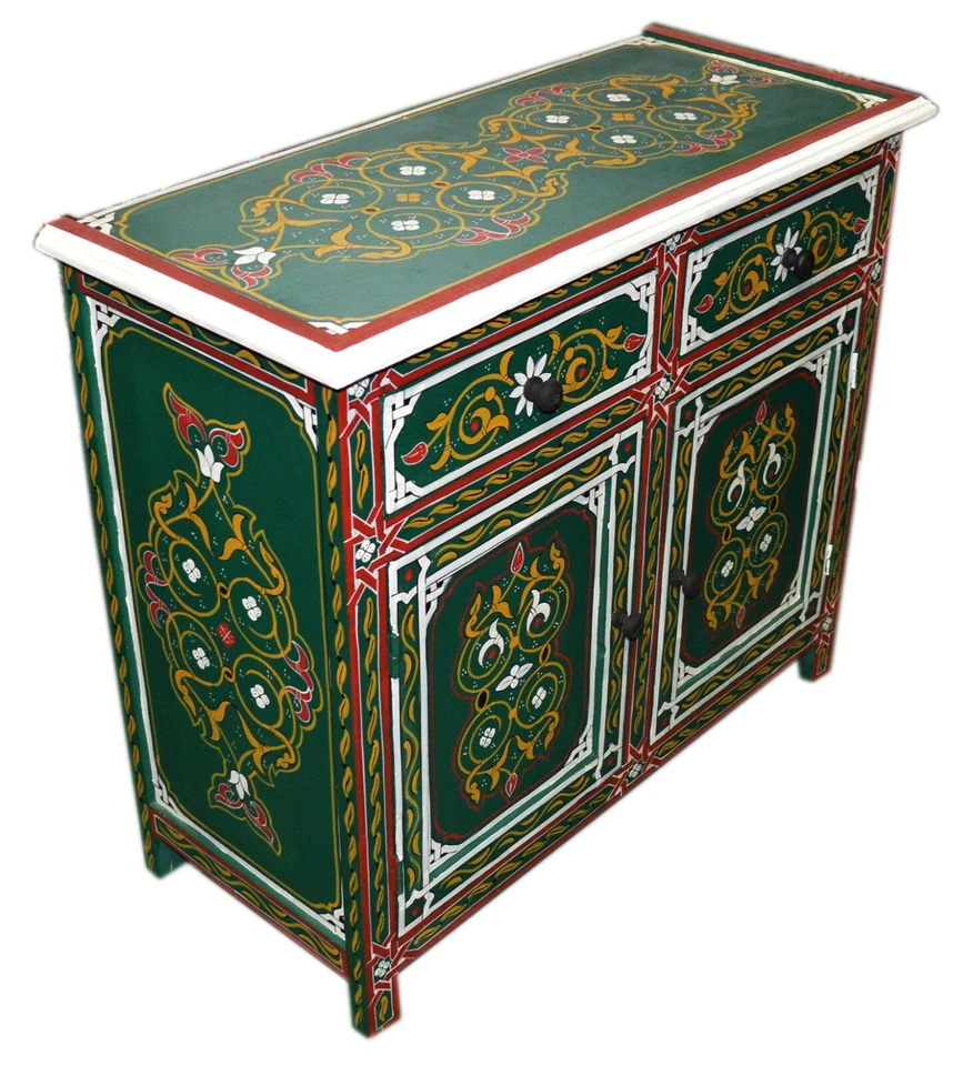 Beba marroquí mesita de noche mesa de madera morisca hecha a mano y pintada doble verde Foto 4 de 4