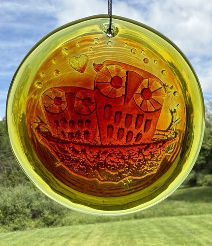 Blenko Glass Suncatcher - Owl Family - Tangerine