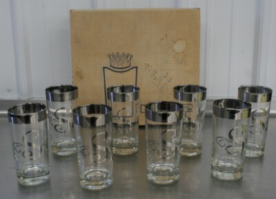 Queen's Lusterware Silver Monogramed (S) Highball Drinking Glasses Set of 8 RARE