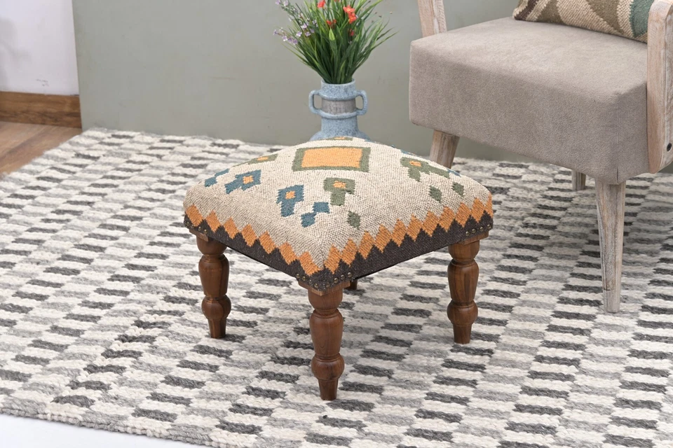 Handcrafted Wool & Jute Kilim Ottoman | Decorative Upholstered Pouf | Footstool - Image 4 of 4
