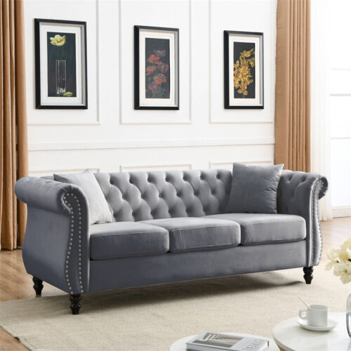 Chesterfield 3 Seater Sofa Grey Velvet Tufted Couch with Rolled Arms & Nailhead - Picture 17 of 18