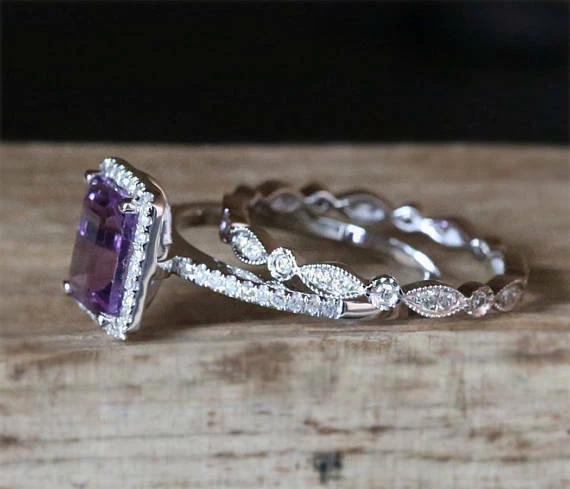 Conjunto de anel de noivado de ouro branco 14K com ametista e diamante simulado 2,60 quilates tamanho 7,5 - Imagem 3 de 4