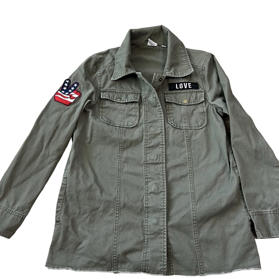 Parches de letrero de paz hippie verde a presión de la chamarra de comida chatarra de The Beatles talla XS Foto 3 de 4