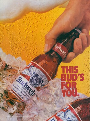 1987 Budweiser Close Up Hand Pulling Bottle From Ice Foam Vtg Print Ad SI18