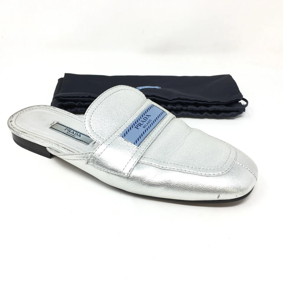 Prada Logo Mules Loafers Flats Shoes Womens Size 35 EU 5 US Silver Leather