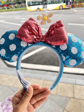 Disney Parks Teal Polka Dot Cutie Sequin Headband Hat with Flower Minnie Ears
