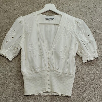 Karina Grimaldi Blouse Top Women's Medium White Floral Smocked Hem Eylet Cottage