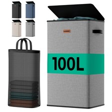 100L Laundry Hamper with Lid, Durable Laundry Basket Made of Cationic Fabric,...