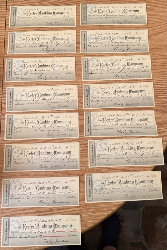 1908 Exeter NH, Banking Company, Perley Gardner, (15) Checks, Rockingham County