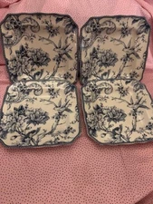 222 Fifth Adelaide Blue Square LUNCHEON/SALAD PLATES 8.5"Floral SET OF 4 NEW