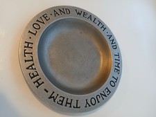 WILTON Vintage RWP PEWTER Health-Love-Wealth-Time 9.25"Dia PLATE Made in the USA