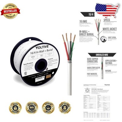 White 100ft 16/4 Speaker Wire CL3 Direct Burial OFC Copper Stranded