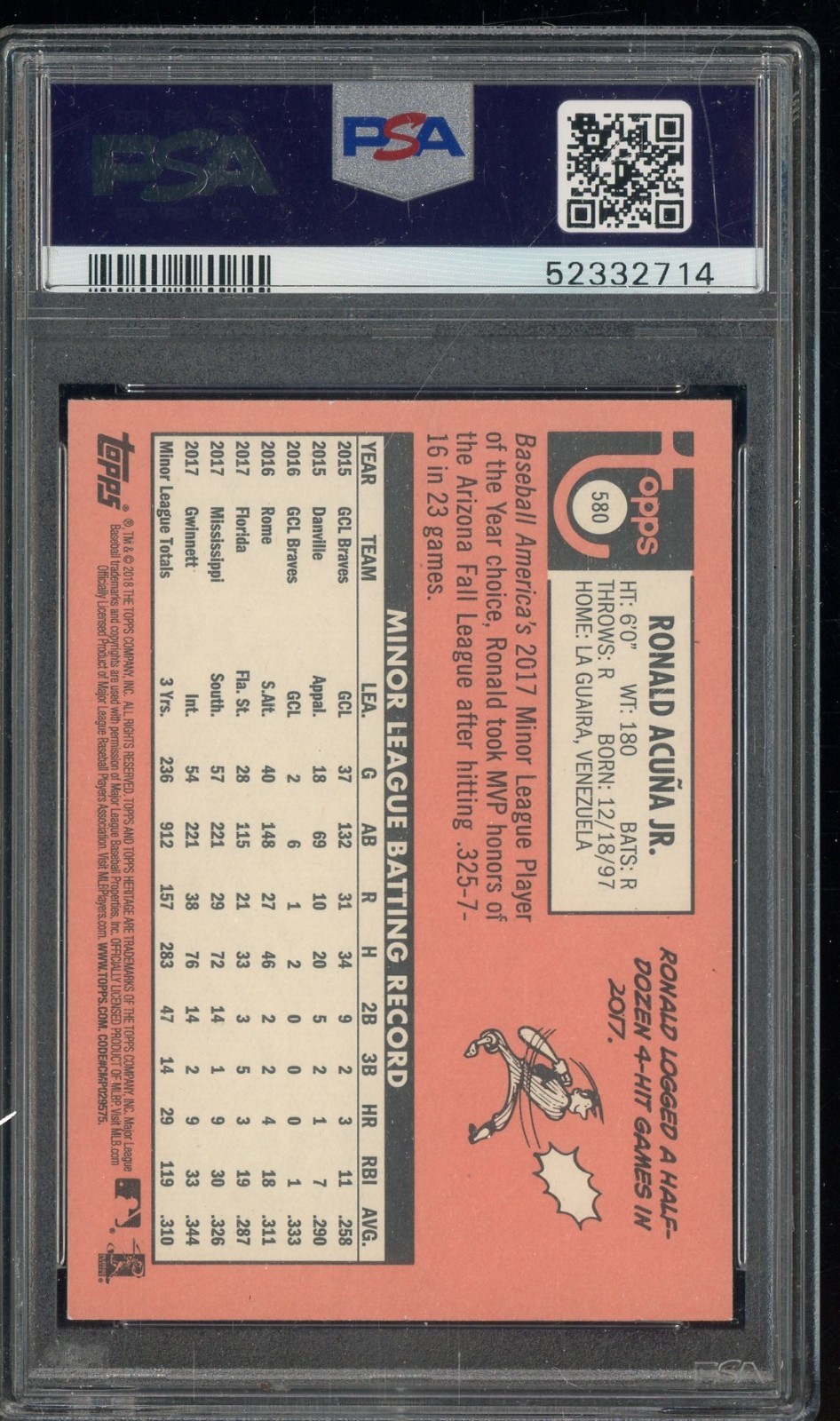 2018 Topps Heritage #580 Ronald Acuna Jr Braves RC Rookie PSA 9 MINT view 2