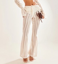 PRETTYLITTLETHING Cream Textured Woven Flare Trousers. UK 14