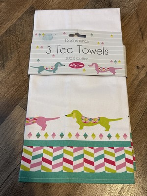 NIP MILLY GREEN DACHSHUNDS 3 KITCHEN TEA TOWELS 3 DESIGNS 100% COTTON
