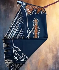 Hand Tooled Leather Rodeo Chinks – Western Cowboy Riding Chinks – Custom Fringe