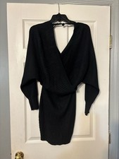 Love Tree Black Ribbed Long Sleeve Surplice Mini Sweater Dress