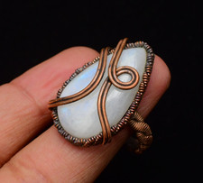 Rainbow Moonstone Gemstone Copper Wire Wrapped Handmade Jewelry Ring Size 9