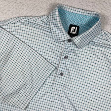 FootJoy Polo Shirt Mens Large White Blue Grid Performance Golf Short Sleeve