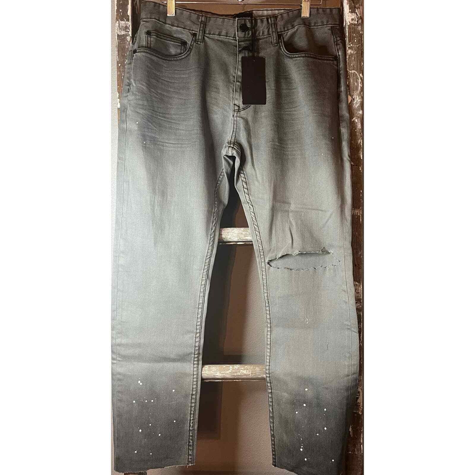 New Distressed Gray Wash Denim Jeans Ripped Knee Paint Splatter Detail