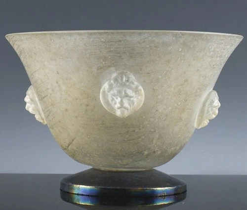 GORGEOUS VINTAGE MURANO SCAVO LIONS FIGURAL ITALIAN ART GLASS FOOTED BOWL wLABEL