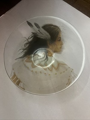Stunning Vintage 13.5  Beautiful American Indian Image On Clear Glass Bowl.