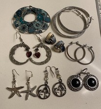 Lot of 8 Large Hoop And Dangle Earrings Mixed Pierced Silver Tone Enamel Studs