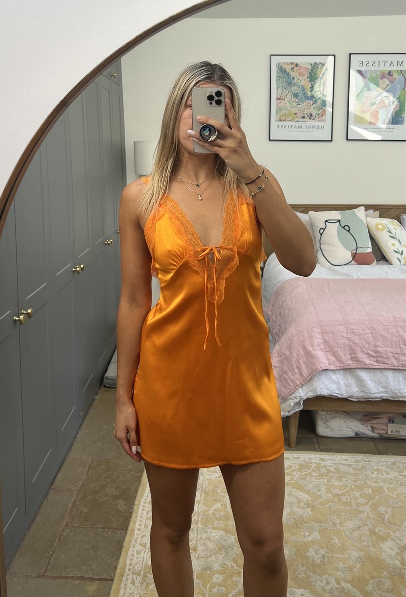 ZARA Orange Satin Lace V-neck Mini Strappy Cami Slip Dress M UK